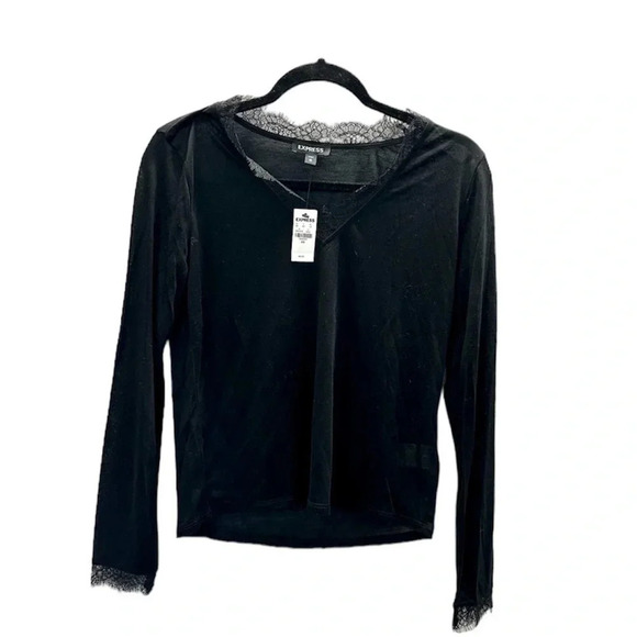 Express Women's Long Sleeve Sheer V-Neck Lace Top Size XS NWT - Picture 1 of 8